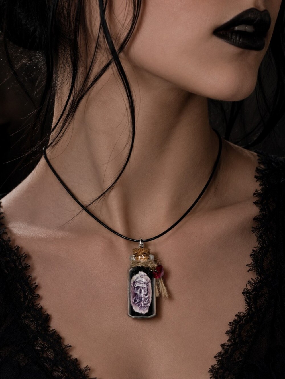 Gothic Potion Bottle Pendant Charm On Black Medallion Cord Necklace Goth Jewelry